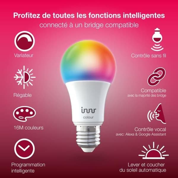 INNR E27 ansluten glödlampa - ZigBee 3.0 - Paket med 2 Multicolor + Vita justerbara glödlampor - 2200K till 6500K Justerbar intensitet.