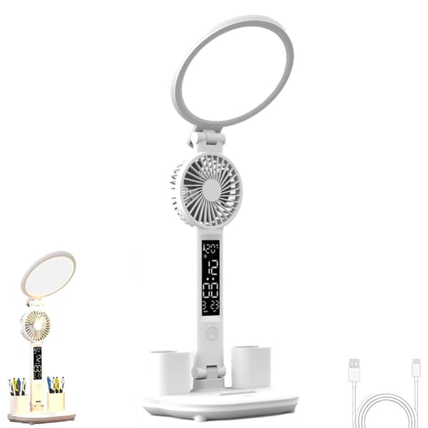 Bomclap LED Skrivebordslampe med Blæser, Ur, 2000 mAh, Genopladelig USB, LED Display, Tid & Temperatur, Læselampe med Blæser, til Hjemmekontor
