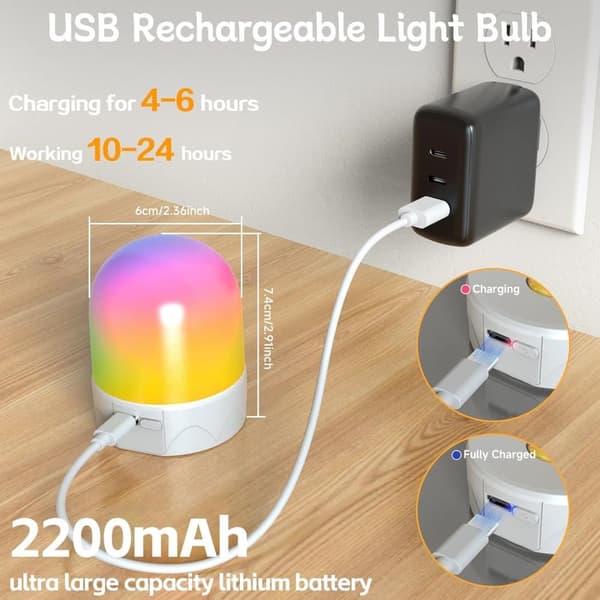 OBOSOE USB-opladet RGB LED-lys med fjernbetjening – E27 Smart pære, 12 farver + dæmpbar (800 lumen), 3-timers timer, genopladeligt natlys