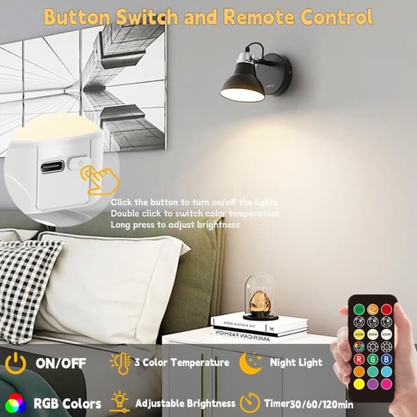 OBOSOE USB-opladet RGB LED-lys med fjernbetjening – E27 Smart pære, 12 farver + dæmpbar (800 lumen), 3-timers timer, genopladeligt natlys