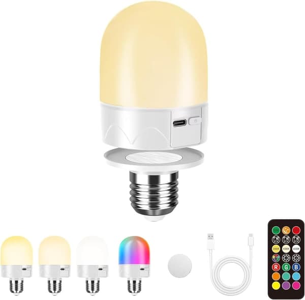 OBOSOE USB-opladet RGB LED-lys med fjernbetjening – E27 Smart pære, 12 farver + dæmpbar (800 lumen), 3-timers timer, genopladeligt natlys