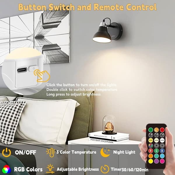 OBOSOE 2 Pack USB-ladattavat LED-valot kaukosäätimellä - E27 RGB värinvaihto, himmennettävä (800LM), 3 tunnin ajastin, langallinen yövalo