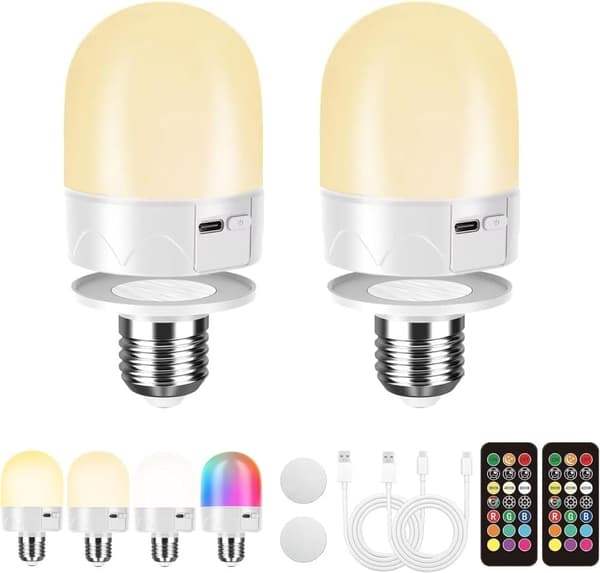 OBOSOE 2 Pack USB-ladattavat LED-valot kaukosäätimellä - E27 RGB värinvaihto, himmennettävä (800LM), 3 tunnin ajastin, langallinen yövalo