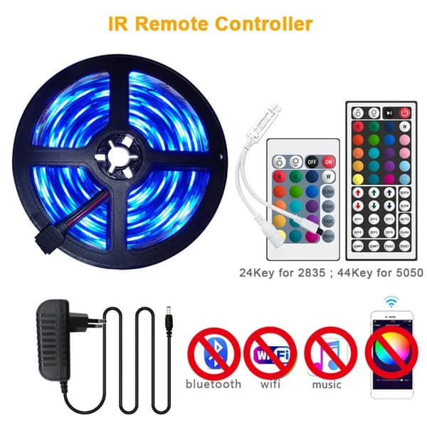 LED Strip Lys, Bluetooth Musik Kontrol, Fleksibelt Bånd Design, IR-controller, 15M fuldt sæt, 2835 vandtæt