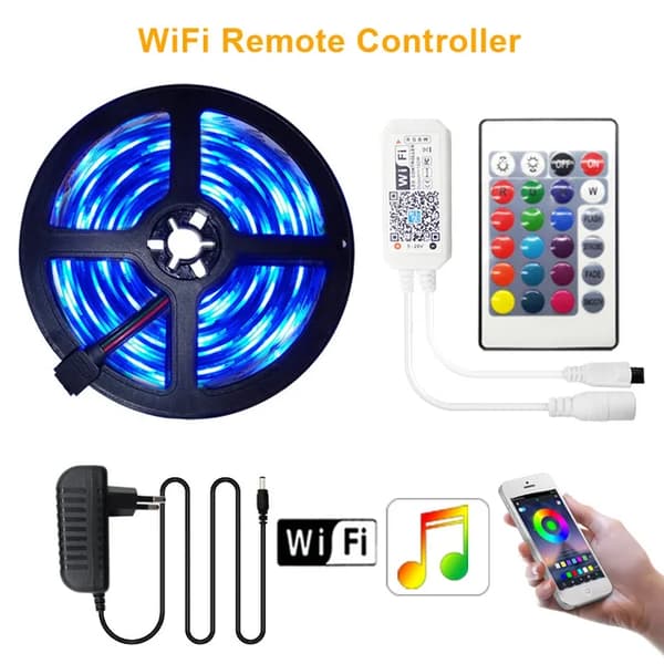 LED Strip Ljus, Bluetooth Musik Kontroll, Flexibelt Band Design, WiFi-kontroll, 15M komplett set, 5050 vattentät
