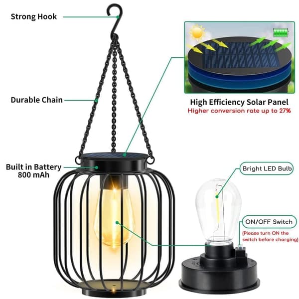 OBOSOE 2-pack Solarlyktor Utomhus i Metall, Uppgraderade Hängande LED-lampor, Vattentäta & Ljusstarka