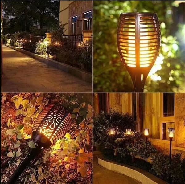 2 flammande LED-facklor på spett med solceller för fristaden (78 cm.)