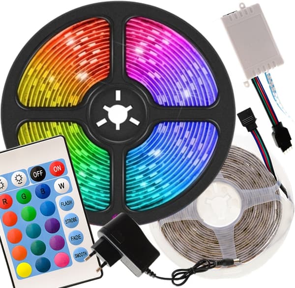 RGB LED-STRIP MULTIFARVET VANDTÆT 5m + FJERNBETJENING