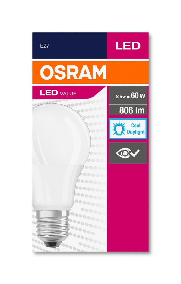LED-pære VALUE E27 8,5W=60W 6500K 806lm 865 A60 230V mat