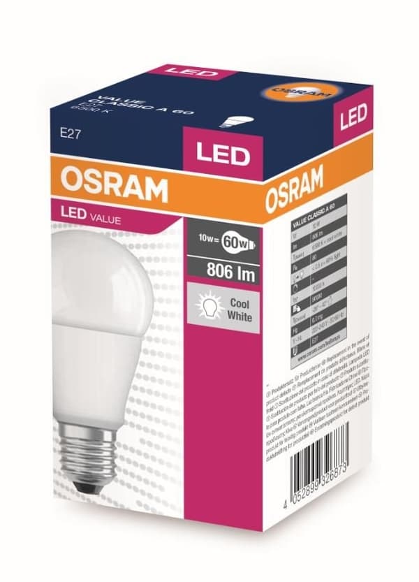 LED-pære VALUE E27 8,5W=60W 6500K 806lm 865 A60 230V mat