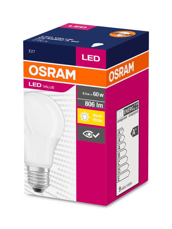 LED-pære VALUE E27 8,5W=60W 2700K 806lm 827 A60 230V mat
