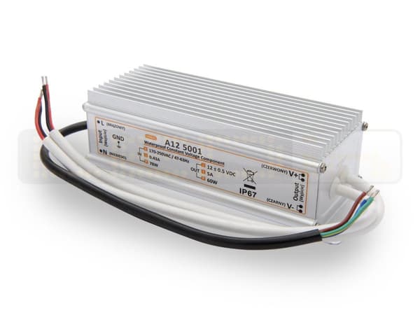 LED strømforsyning 60W, LED transformer 12V 5A IP67 til LED strips LED strip