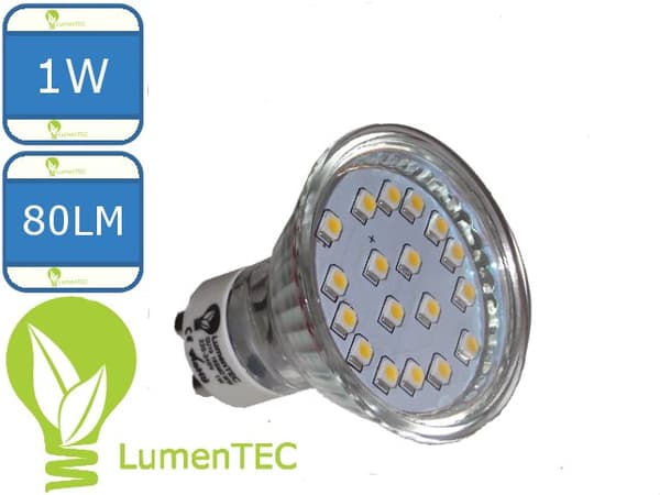 GU10 LED 1W, 18 NY (2835) SMD LED 230V 80LM, kold hvid