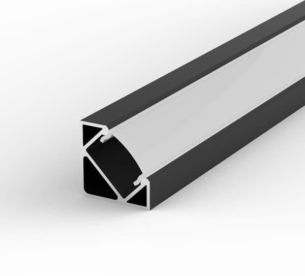 LED-profil sort firkantet, 1 m 45° profil til 8-12 mm strimler, LT3 sort profil + mælkeagtigt dæksel