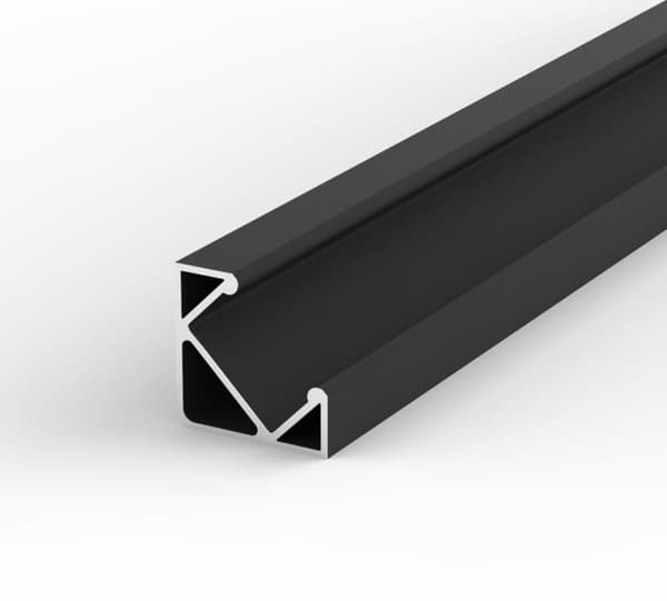 LED-profil sort firkantet, 1 m 45° profil til 8-12 mm strimler, LT3 sort profil + mælkeagtigt dæksel