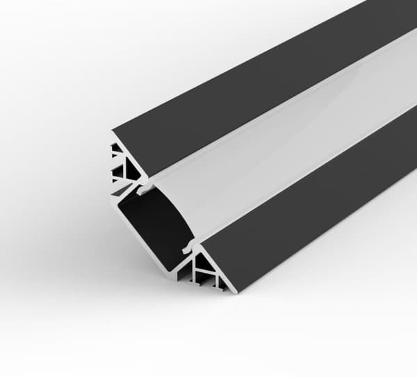 LED firkantet aluminiumsprofil, 100 cm 45° til 8-12 mm strimler, sort LT7 profil + matteret afdækning