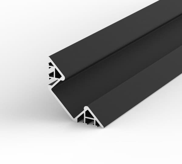 LED firkantet aluminiumsprofil, 100 cm 45° til 8-12 mm strimler, sort LT7 profil + transparent afdækning