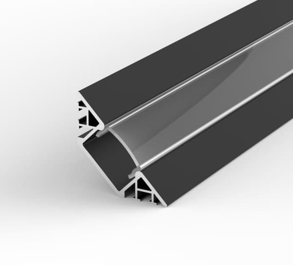 LED firkantet aluminiumsprofil, 100 cm 45° til 8-12 mm strimler, sort LT7 profil + transparent afdækning