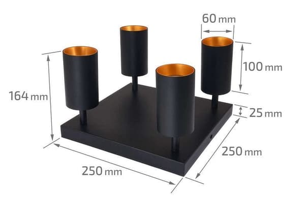 LED loftspotlight, loftslampe, vægspotlight med 4 flammer, sort til LED GU10, ERIS