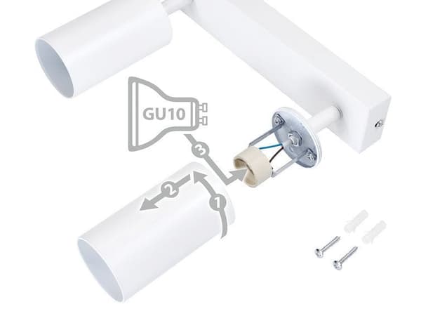 LED loftspotlight, loftslampe, vægspotlight med 2 flammer, hvid til LED GU10, KIVI