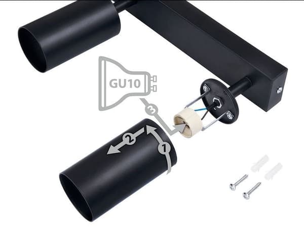 LED loftspotlight, loftslampe, vægspotlight med 3 flammer, sort til LED GU10, KIVI
