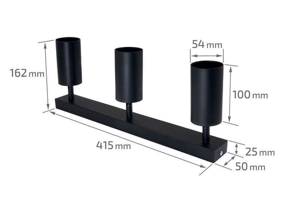 LED loftspotlight, loftslampe, vægspotlight med 3 flammer, sort til LED GU10, KIVI