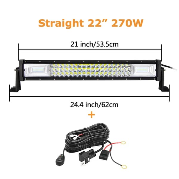 LED-lysbar, buet/ligelinje design, 7D 3-rækker teknologi., Lige 22 tommer ledning