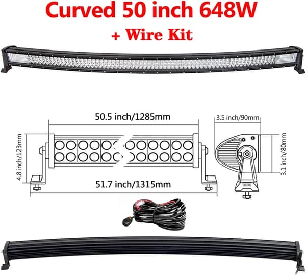 LED-lysbar, buet/ligelinje design, 7D 3-rækker teknologi., Buet 50 tommer ledning