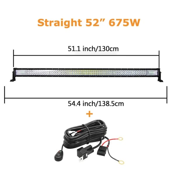 LED-lysbar, buet/ligelinje design, 7D 3-rækker teknologi., Lige 52 tommer ledning