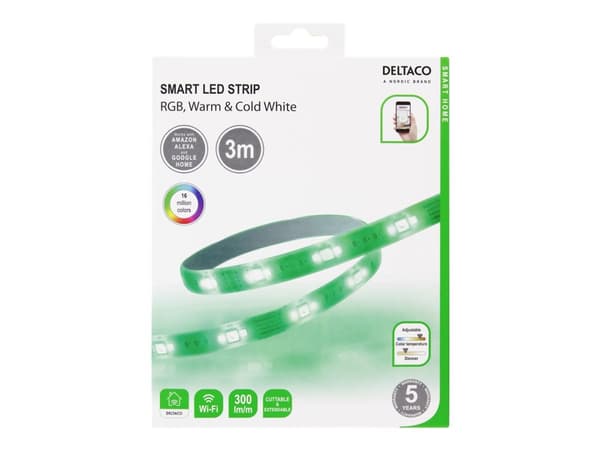 DELTACO SMART HOME - Ljusslinga - LED - 24 W - klass G - RGB/varmt till kallt vitt ljus - 2700-6500 K - 3 m - vit