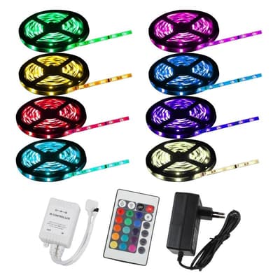 LED-nauhasarja 3 m RGB - 30 LEDiä per metri sis. virtalähteen ja pienen kaukosäätimen.