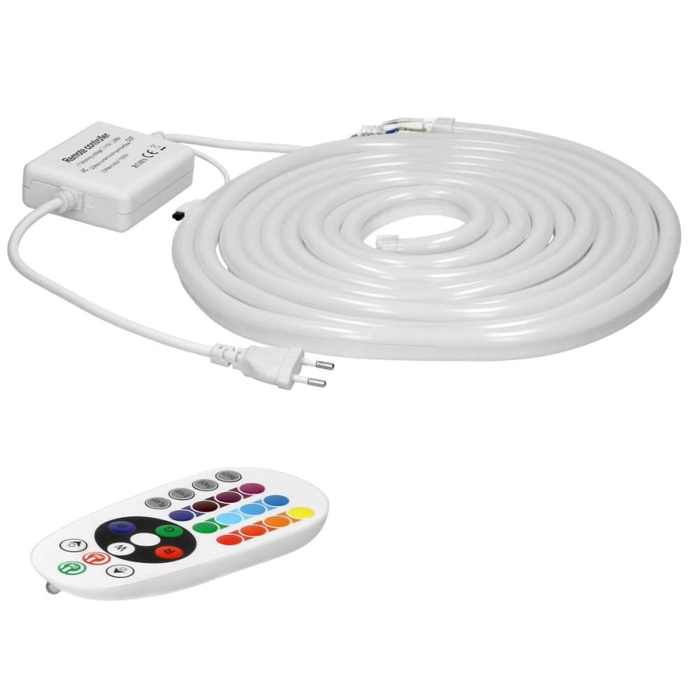 ECD Germany Neon LED Strip RGB 5m dimbar - SMD 5050 - 60 LED / m - 9W / m - 230V - utan ljuspunkter - Flexibel - Vattentät IP68 - med fjärrkontroll -