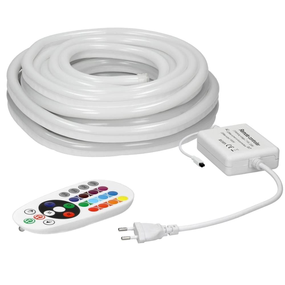 ECD Germany Neon LED Strip RGB 6m dæmpbar - SMD 5050 - 60 LEDs / m - 9W / m - 230V - uden lyspunkter - Fleksibel - Vandtæt IP68 - med fjernbetjening -