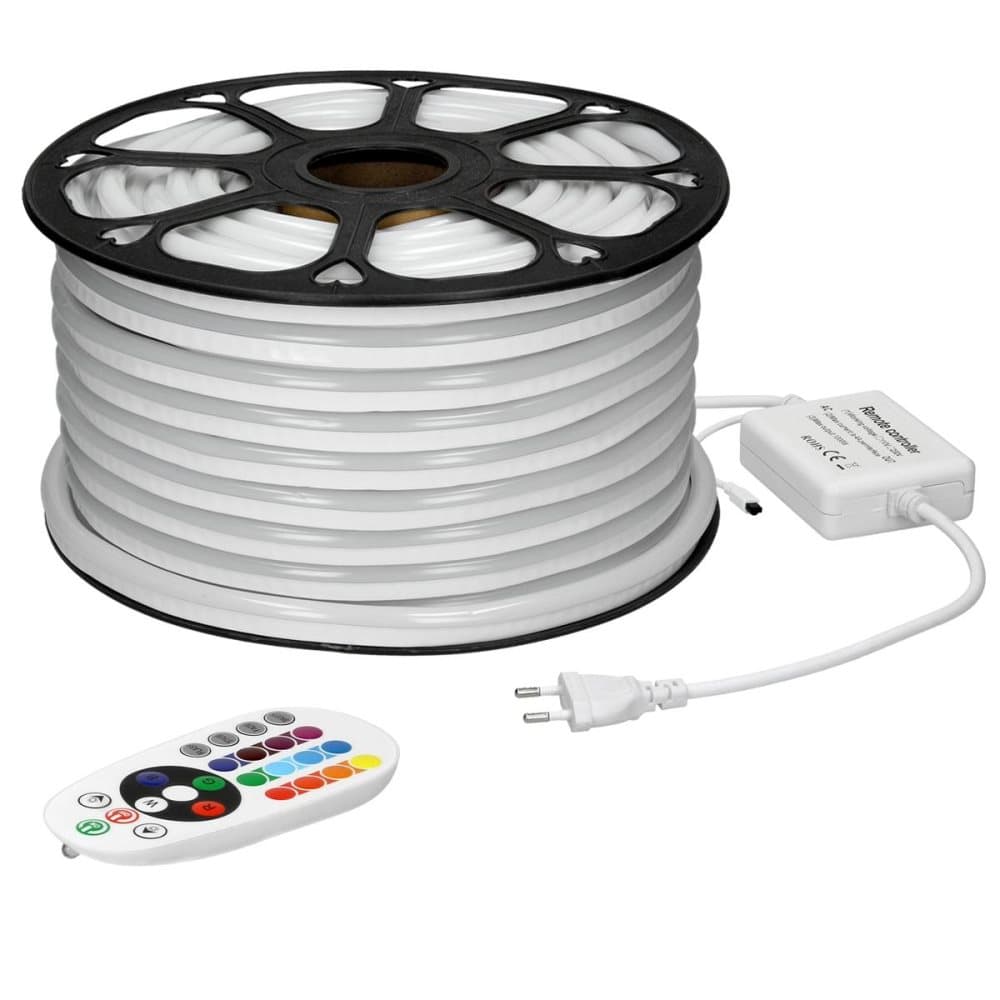 ECD Germany Neon LED Strip RGB 10m dæmpbar - SMD 5050 - 60 LEDs / m - 9W / m - 230V - uden lyspunkter - Fleksibel - Vandtæt IP68 - med fjernbetjening
