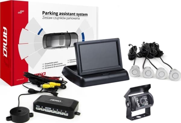 Amio parkeringssensorkit tft01 4,3" med kamera hd-501-och 4 sensorer svart guld "