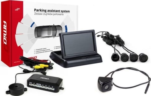Amio parkeringssensorsats tft02 4,3&quot; med hd-310-kamera 4 svarta sensorer