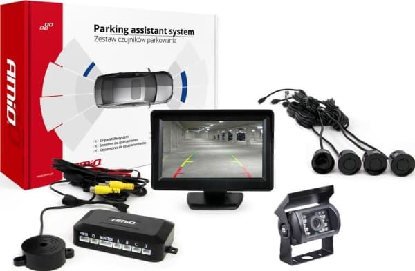 Amio parkeringssensorsats tft01 4,3" med kamera hd-501 och 4 svarta sensorer