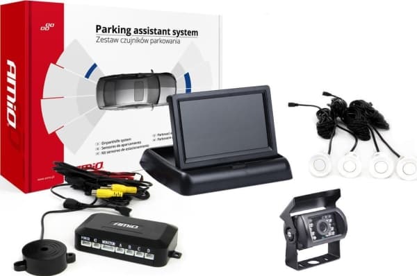 Amio parkeringssensorkit tft02 4,3" med kamera hd-501- och 4 vita sensorer