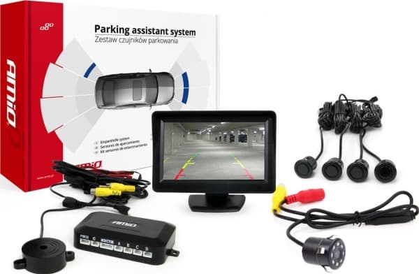 Amio parkeringssensorkit tft01 4,3" med kamera hd-307-och 4 sensorer svart guld "