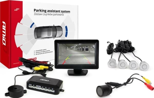 Amio parkeringssensorkit tft01 4,3" med kamera hd-301- och 4 silverfärgade sensorer