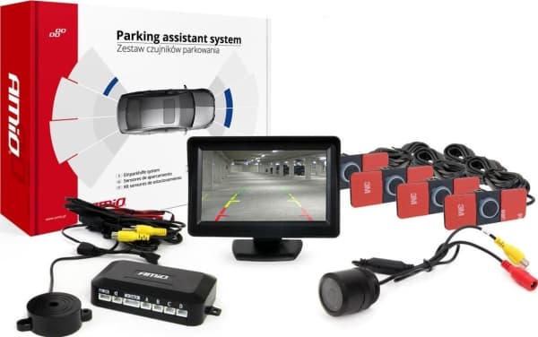 Amio parkeringssensorsett TFT01 4,3 tommer med HD-310 kamera 4 sensorer sølv