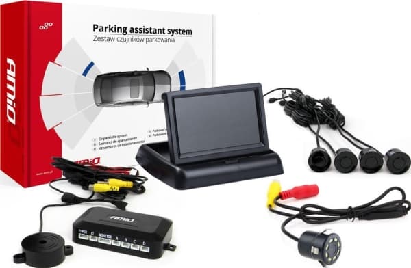 Amio parkeringssensorsats tft02 4,3" med kamera hd-308-led 4 svarta sensorer