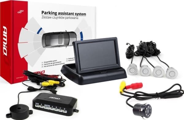 Amio parkeringssensorsats tft02 4,3" med kamera hd-308-led 4 silverfärgade sensorer