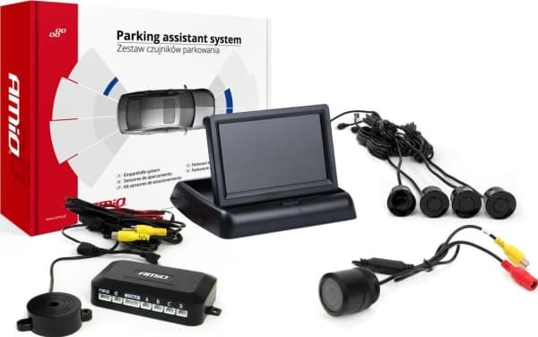 Amio parkeringssensorsats tft02 4,3" med kamera hd-301 och 4 svarta sensorer