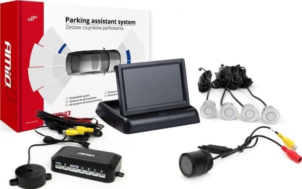 Amio parkeringssensorkit tft02 4,3" med kamera hd-301- och 4 silverfärgade sensorer