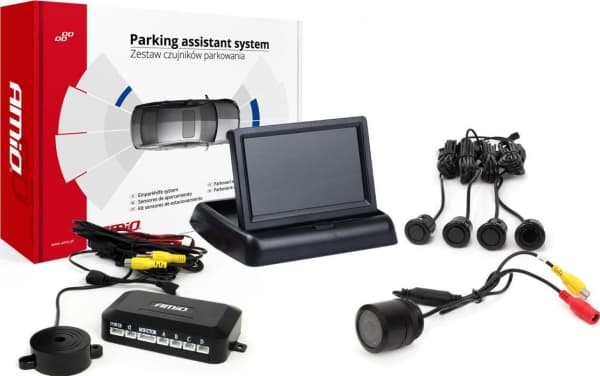 Amio parkeringssensorkit tft02 4,3" med kamera hd-301-och 4 sensorer svart guld "