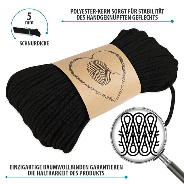 Puuvillanyöri puuvilla beige makramelanka 5mm - puuvillanyöri puuvillanyöri puuvilla köysinauha polyesteriytimellä 50M värillinen musta puuvilla