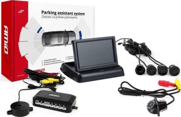Amio parkeringssensorsats tft02 4,3" med kamera hd-305-led 4 svarta sensorer