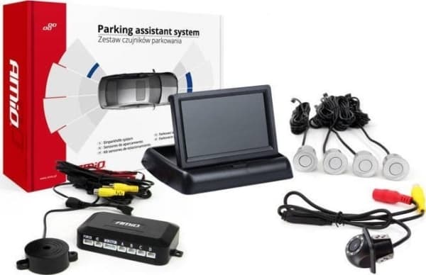 Amio parkeringssensorsats tft02 4,3" med kamera hd-305-led 4 silverfärgade sensorer