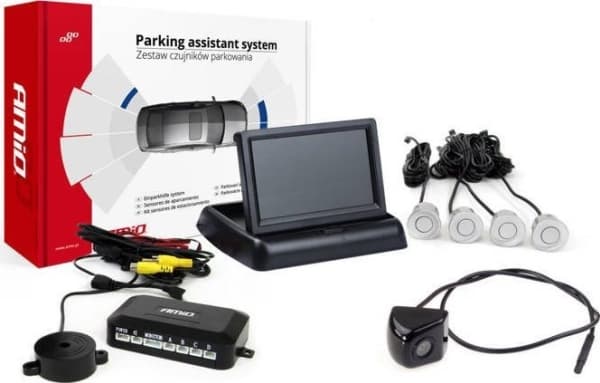 Amio parkeringssensorsett tft02 4,3 tommer med HD-310 kamera 4 sensorer sølv